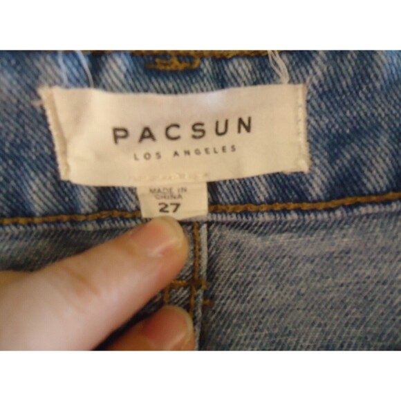 PacSun Medium Wash Denim Mini Skirt Womens 27 Embroidered Floral Raw Hem - Picture 3 of 9